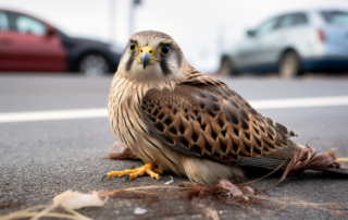 Verletzter Falke sitzt auf einer Straße, Beitrag Verletzte Wildtiere
