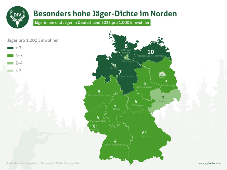 Jäger in Deutschland 2023 pro 1.000 Einwohner.
Quelle: DJV
